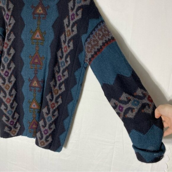 Vintage Millma Bolivia Teal Black Purple Hand Loomed Alpaca Oversized Cardigan M - Picture 14 of 16